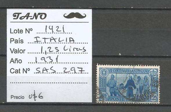 Lote1421 Italia 1,25 Liras Año 1931 Sassone# 297 1