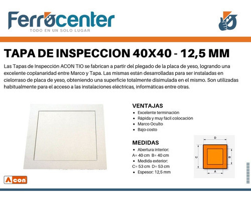 Tapa Inspección Marco Oculto 20x20 Cielorraso Durlock 12,5mm 1