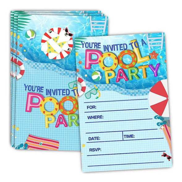 30 Invitaciones A Fiestas En La Piscina Con Sobres - Doble C 0