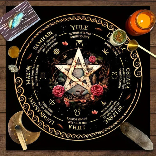 Tapete Mantel Tarot Altar Rueda D/año Wicca Pentagrama Rosas 1