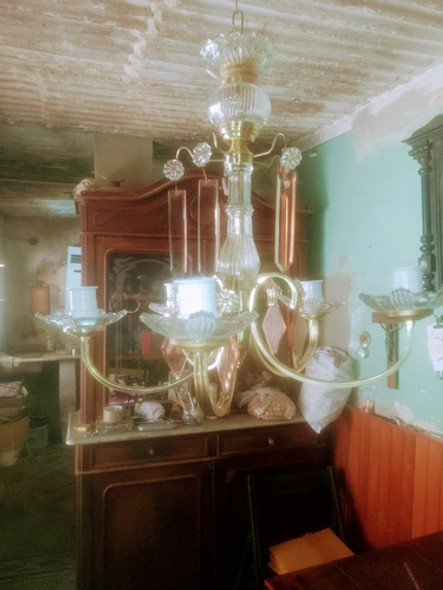 Araña De Vidrio Y Bronce Cinco Luces Funcionando 1