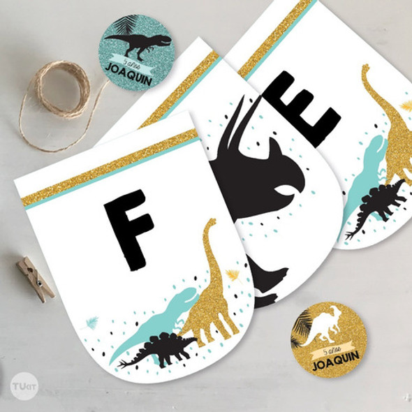 Kit Imprimible Dinosaurios Silueta Verde Dorado Negro Tukit 1