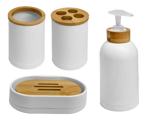Kit Baño Bambu Dispenser + Jabonera + Vaso + Portacepillo  B 0
