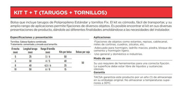 Kit Tarugos Y Tornillos 10mm Pack Bolsa X 15 Tacsa 1 Kit Tarugos Y Tornillos 10mm Pack Bolsa X 15 Tacsa 1