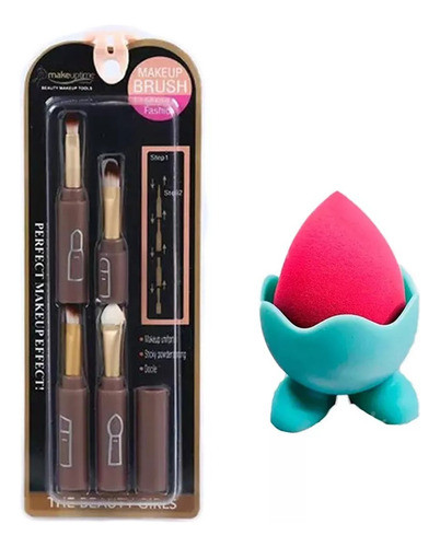 Set Maquillaje Kit X5u Brochas + Esponjita Con Soporte 0
