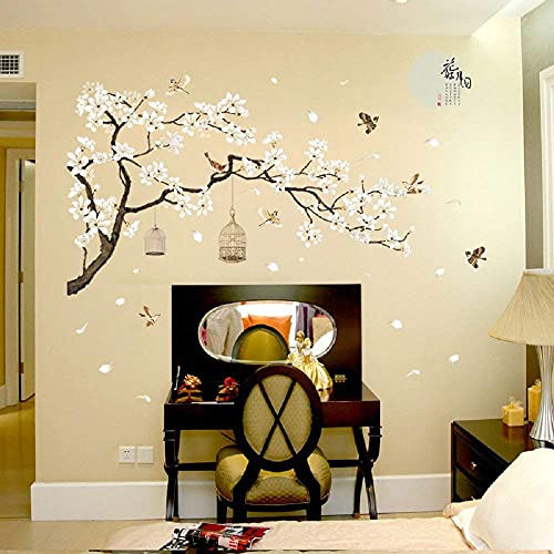 Vinilo Decorativo Sakura Blanco Mural Rama + Aves Xl 1