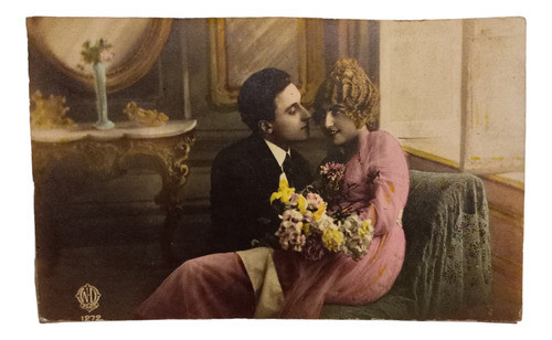 Tarjeta Postal Antigua Fotografía Coloreada Enamorados 0