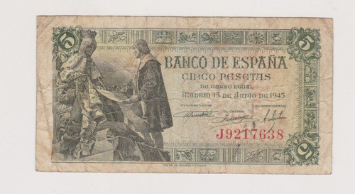 Billete España 5 Pesetas Año 1945 Bueno 0