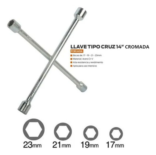 Llave Cruz Cromada Reforzada Universal 17 19 21 23 Mm Auto 1