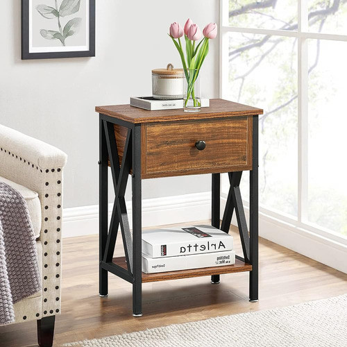 Vecelo, Mesita De Noche Con Cajón Y Estante, Sin Rieles Desl 1