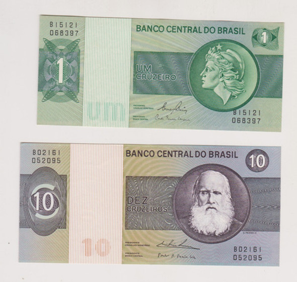 Lote 2 Billete Brasil 1 Año 1975 + 10 Cruzeiros Año 1979 0