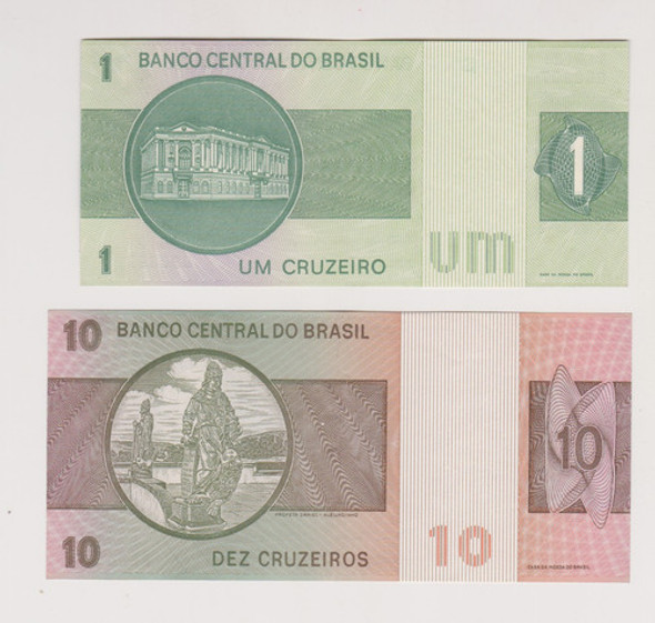 Lote 2 Billete Brasil 1 Año 1975 + 10 Cruzeiros Año 1979 1