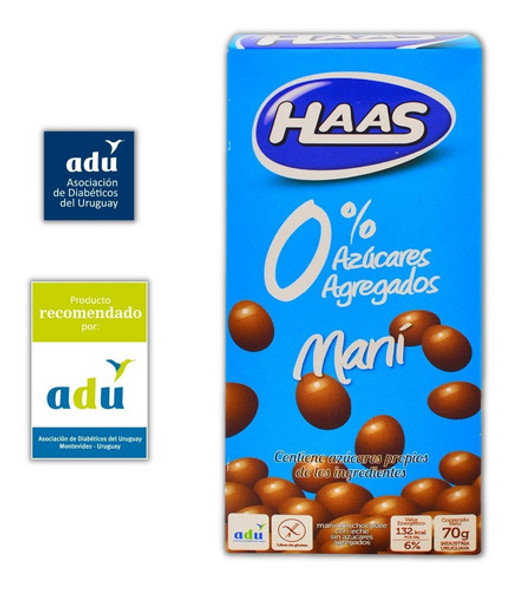 Maní C/ Choc.c/ Leche Haas 0%* 70grs - Sello Adu - Diabetes 0 Maní C/ Choc.c/ Leche Haas 0%* 70grs - Sello Adu - Diabetes 0