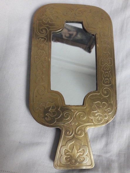 Antiguo Espejo De Mano Arabe De Bronce Y Madera 0