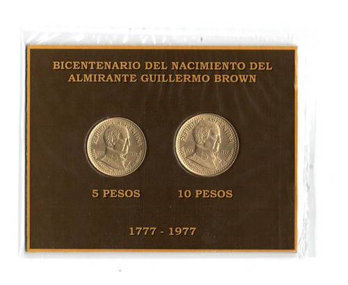 Argentina Set Blister 2 Monedas 5 Y 10 Pesos 1977 Alte Brown 0