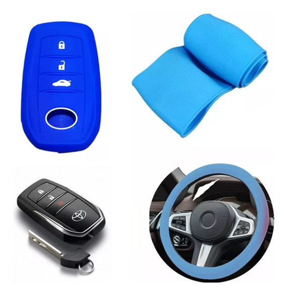 Cubre Volante + Funda Llave Silicona - Toyota 3 Botones Azul 0