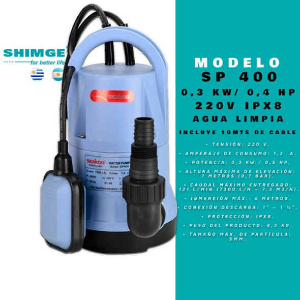 Bomba Sumergible Desagote Sp 400 0,5hp Shimge 3 Años Grtia 1
