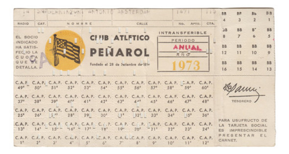 1973 Futbol Uruguay Peñarol Recibo Social Anual Vintage Raro 0