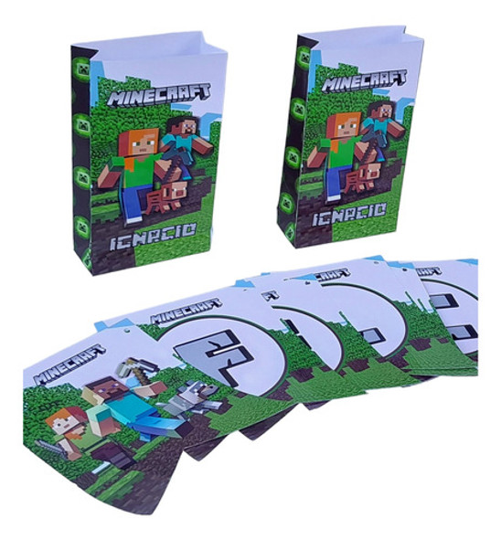 10 Bolsitas Golosineras Minecraft + Banderin F. Cumpleaños 0