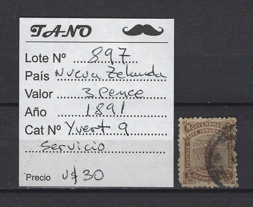 Lote897 Nueva Zelanda 3 Pence Año 1891 Yvert# 9 Servicio 1