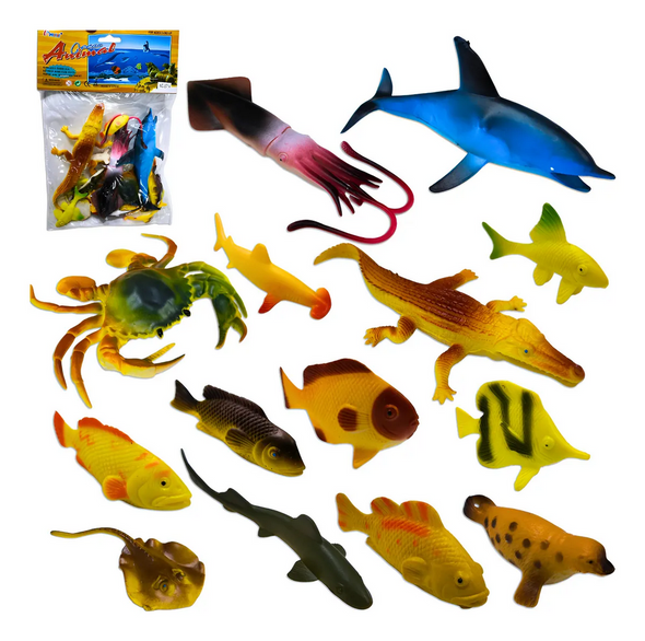 Marine Animal Rubber Toy Set – Ocean Creatures Kit with 17 Pieces (Dolphin, Shark, Fish & More)
