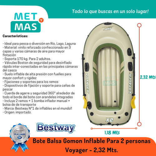 Bote Balsa Gomon Inflable Para 2 Bestway Voyager - 2,32 Mts. 1