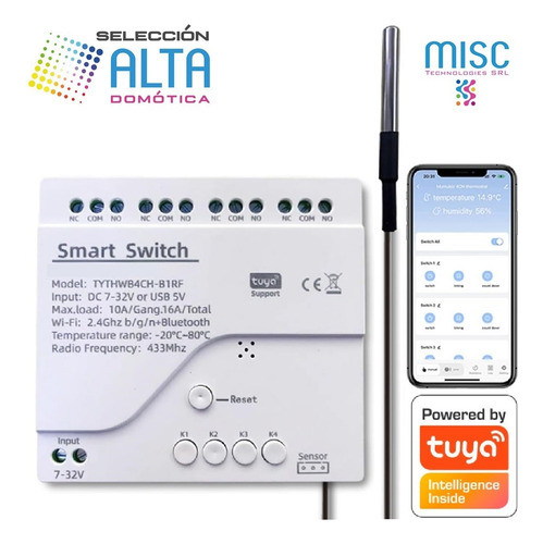 Smart Rele Wifi+rf 4 Canales Con Sensor Temperatura App Tuya 1