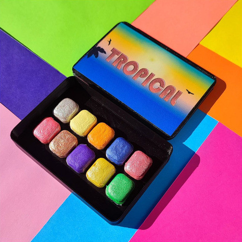 Acuarelas Artesanales Metalizada Y Nacaradas. Set Tropical 1