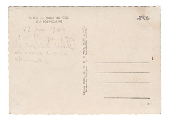 1940 Francia Postal Vista Hotel Du Col Du Bonhomme Vintage 1 1940 Francia Postal Vista Hotel Du Col Du Bonhomme Vintage 1
