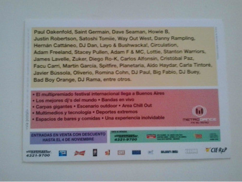 Postal Publicitaria Fines 90 /2000 Creamfields 1