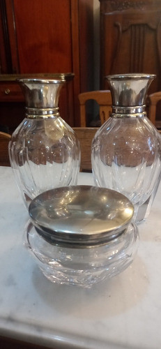 Antiguos Perfumeros Cristal Y Metal Plateado 3 Piezas N220 0