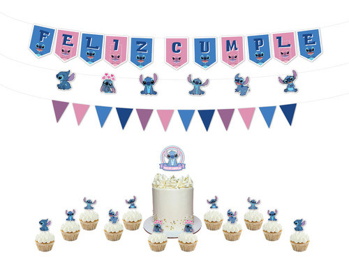 Set Cumple Banderin Topper Torta Cupcake Stitch 0