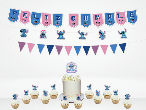 Set Cumple Banderin Topper Torta Cupcake Stitch 1