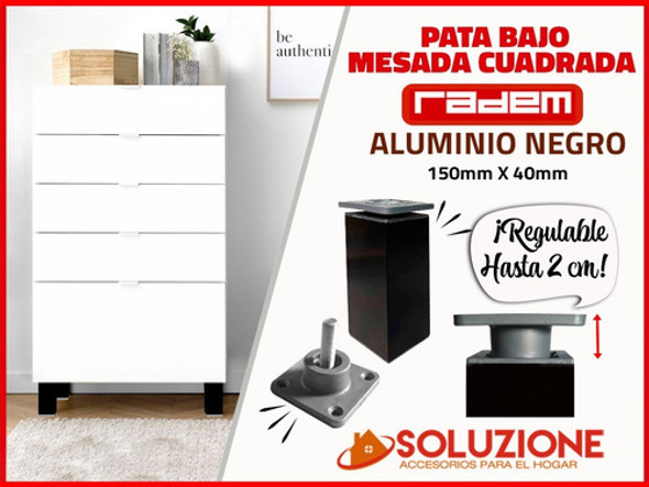 Pata Bajo Mesada Cuadrada Negra Aluminio Regulable 150mm 1