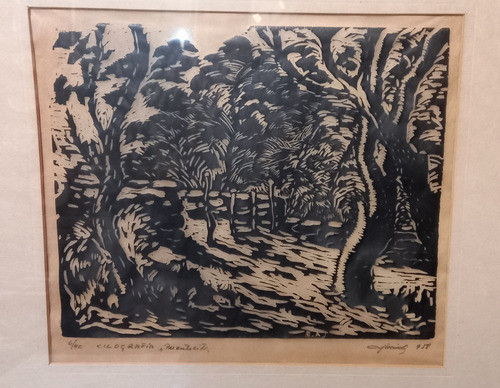 Antiguo Cuadro Tecnica Xilografia Puentecito 1958 Firmada 1
