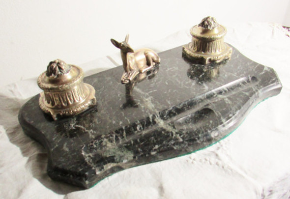 Escribania Antigua En Bronce Y Marmol Verde Alpe 0