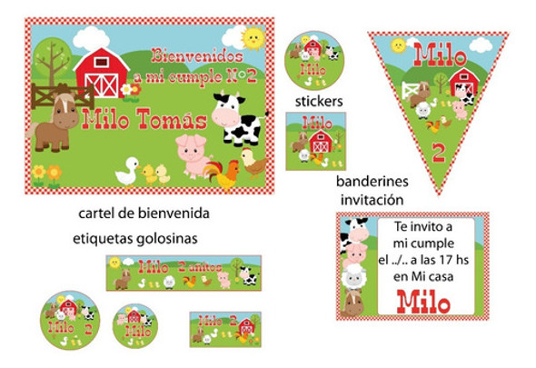 Combo Cumpleaños  Animales De Granja, Cartel Banderines Cand 1