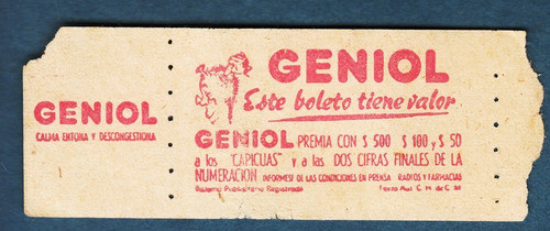 Antiguo Boleto Cutcsa Propaganda Premio Geniol Raro Vintage 0