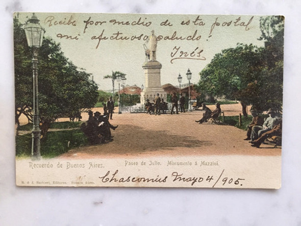 Postal Monumento Mazzini   Paseo De Julio   Año 1905 0