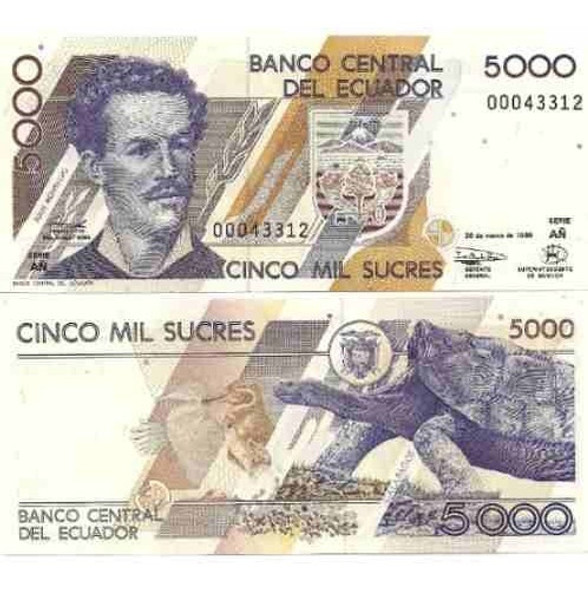 Hermoso Billete Ecuador 5000 Sucres Tortuga Año 1999 0
