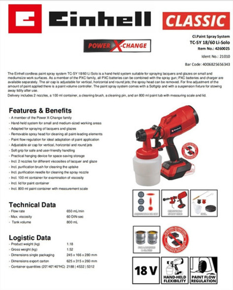 Equipo Pistola Soplete De Pintar Inalambrico 18v Einhell 1