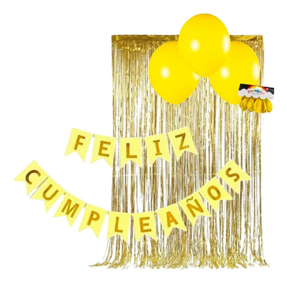 Combo Deco Amarillo Y Oro Cortina, Banderin Y Globos 0
