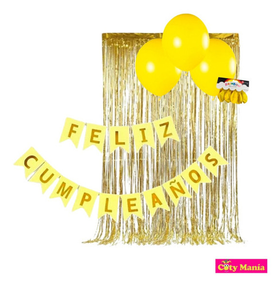Combo Deco Amarillo Y Oro Cortina, Banderin Y Globos 1