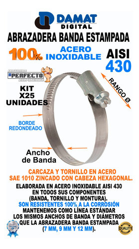 Abrazadera Acero Inoxidable 430 Rango 32-50 Banda 9mm X25und 1