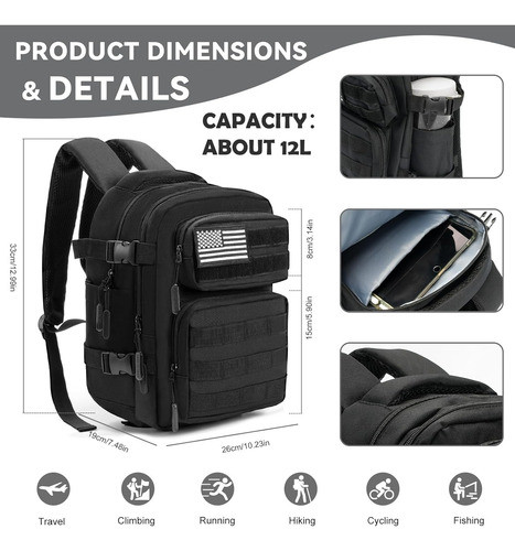Mini Mochila Militar Tactica Molle Capacidad De 12l Negra 1
