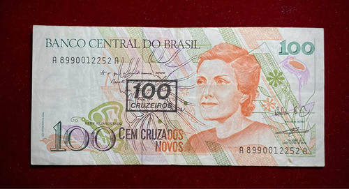 Billete 100 Cruzeiros Brasil 1991 Resellado Pick 224 B 0