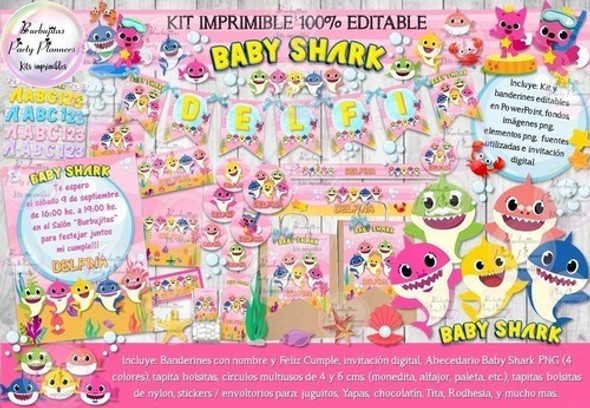 Kit Imprimible Candy Bar Baby Shark Rosa Full% Editable 0
