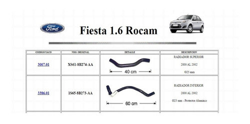 Kit Mangueras Radiador  Ford Fiesta 1.6 Rocam (2000 A 2002) 0