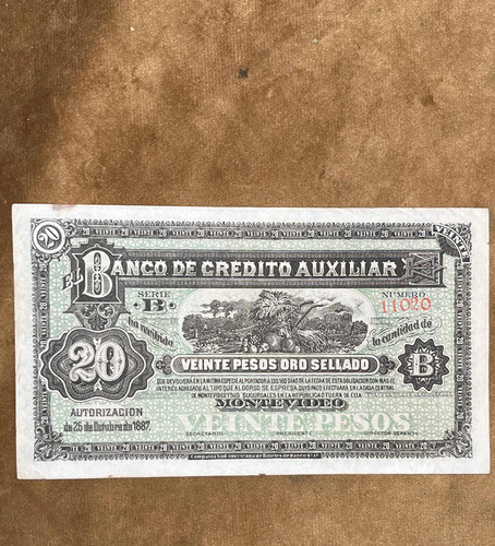 Billete Antiguo 1887 Uruguay 20 Pesos Oro Sellado Montevideo 0
