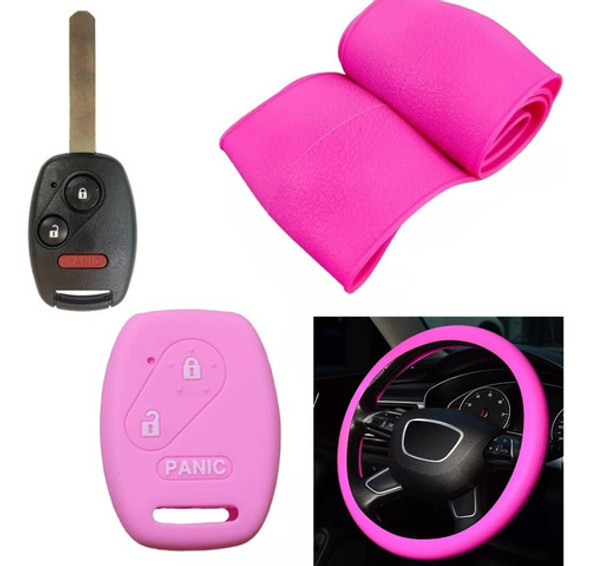 Cubre Volante + Funda Llave Silicona Fit Crv City Civic Rosa 0